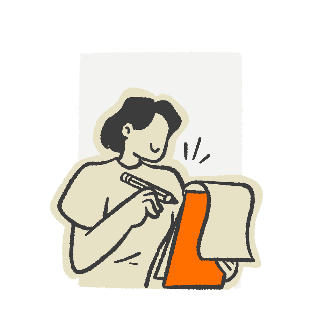 Illustration of a person writing in a large notebook with a pen