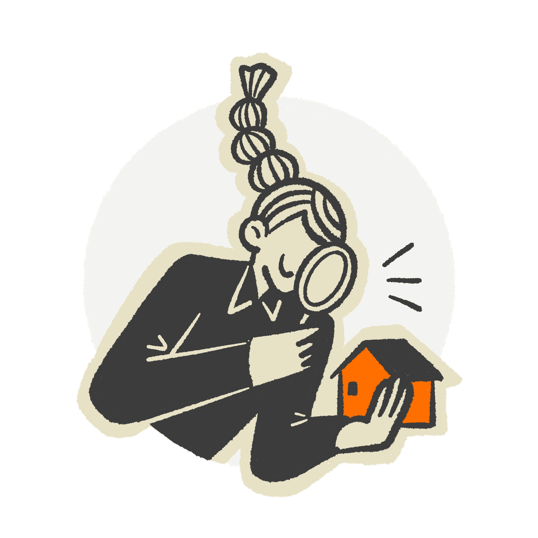 Illustration of a woman with headphones examining a small house in her hand