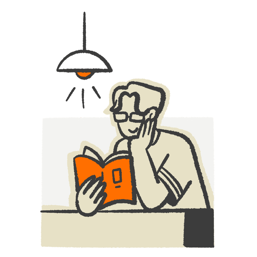 Illustration of a person reading a book at a desk under a lamp